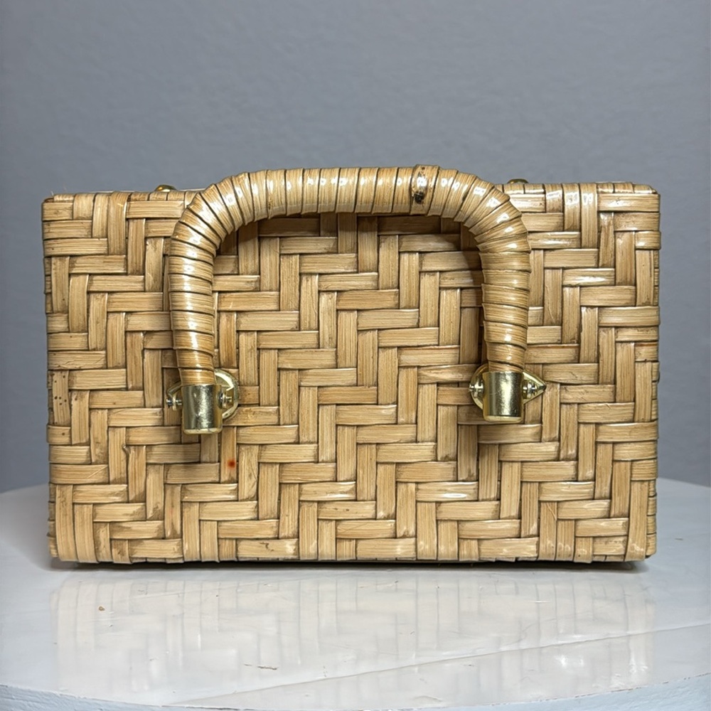VINTAGE 1950s CHEVRON PATTERN STRAW WICKER WOVEN BOX HAND BAG - Picture 7 of 13